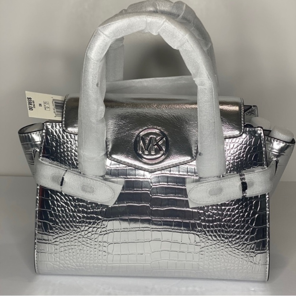 NWT Carmen Medium Metallic Crocodile Embossed Belted Satchel with Dust Bag